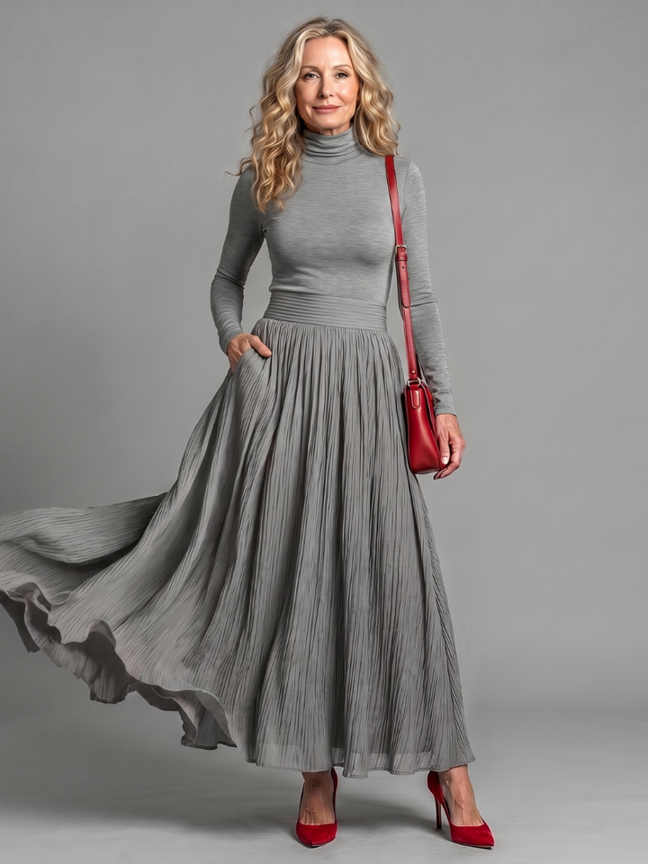 Auvelle | Robe Midi à Col Roulé à Manches Longues et Taille Définie