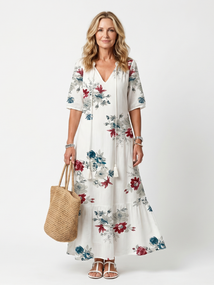Maeva | Robe Midi à Fleurs Éparpillées avec Liens à Franges
