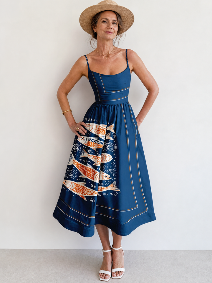 Auvelle | Robe Midi Sans Manches Imprimée Poissons
