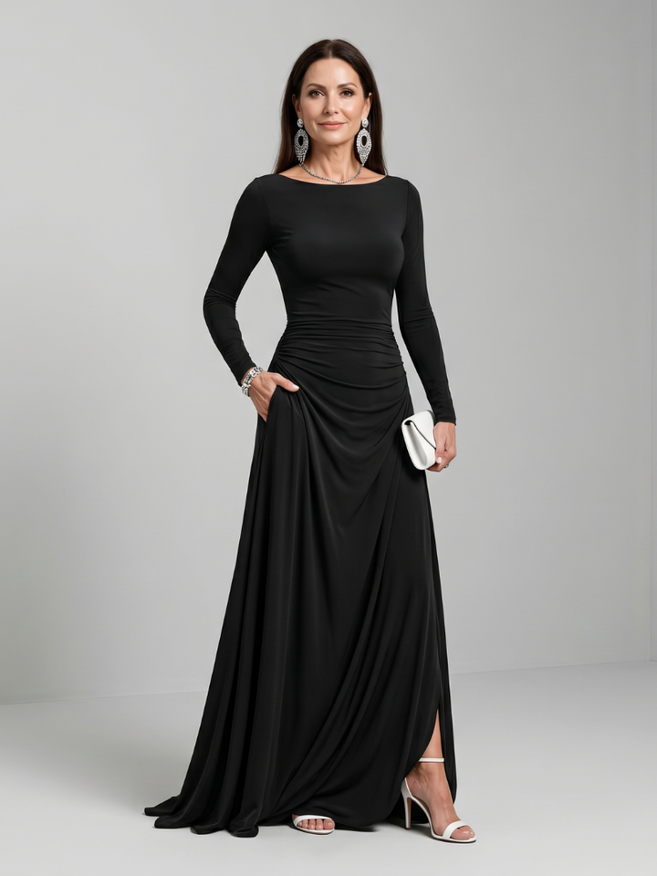 Auvelle | Robe Maxi Fluide à Manches Longues et Col Bardot