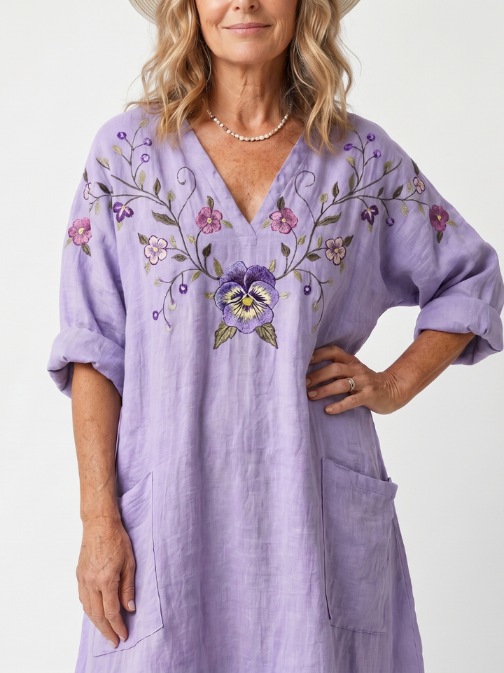 Tavi | Robe Midi Oversize à Poches Brodée de Fleurs