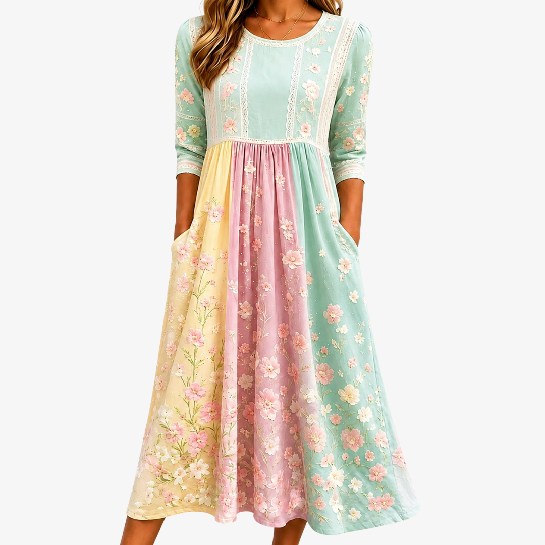 Robe Midi à Poches Patchwork Fleurs de Printemps