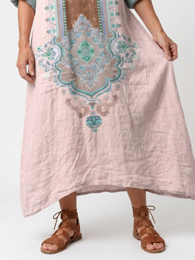 Kenza | Robe midi décontractée à panneaux brodés avec poches