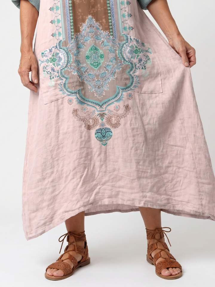 Kenza | Robe midi décontractée à panneaux brodés avec poches