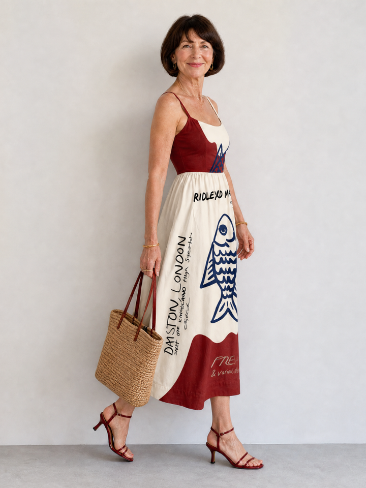 Auvelle | Robe Midi Sans Manches avec Graphisme de Poisson