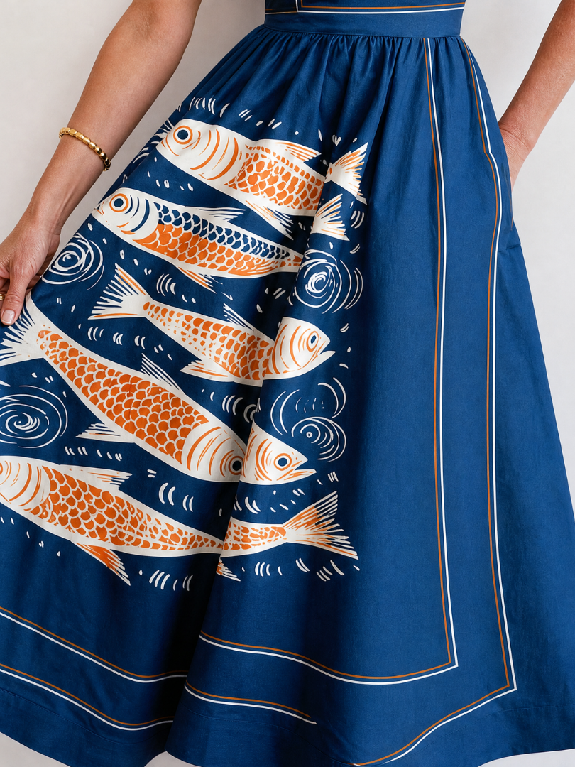 Auvelle | Robe Midi Sans Manches Imprimée Poissons