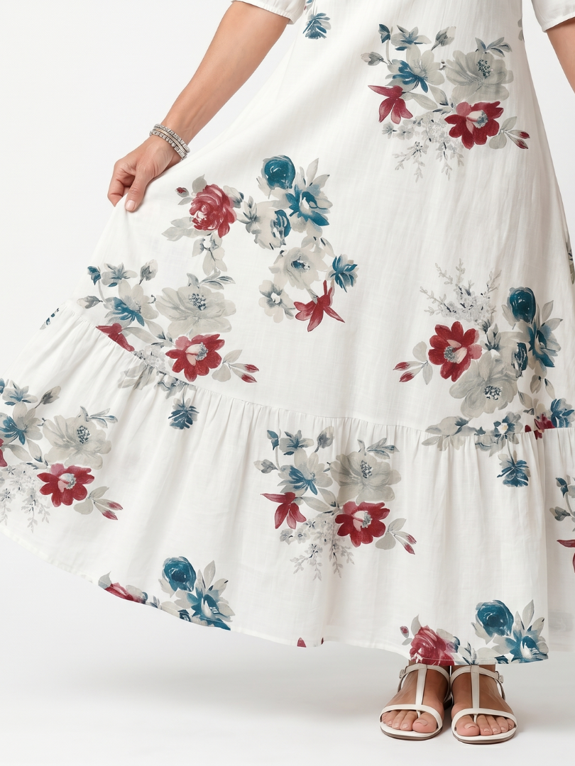 Maeva | Robe Midi à Fleurs Éparpillées avec Liens à Franges