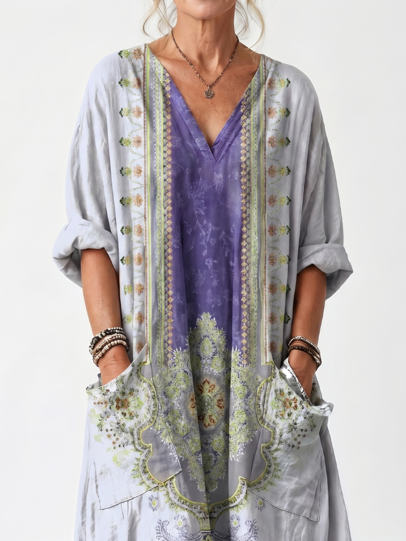 Raina | Robe midi surdimensionnée à panneaux contrastés et broderies
