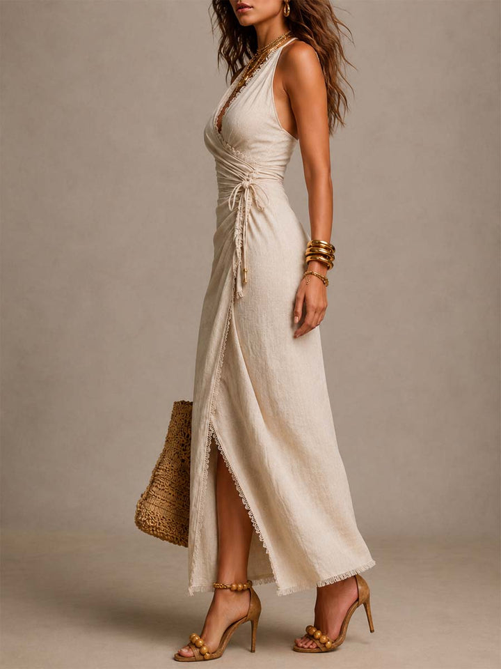 Sarah | Robe midi en lin à décolleté croisé et finitions en dentelle
