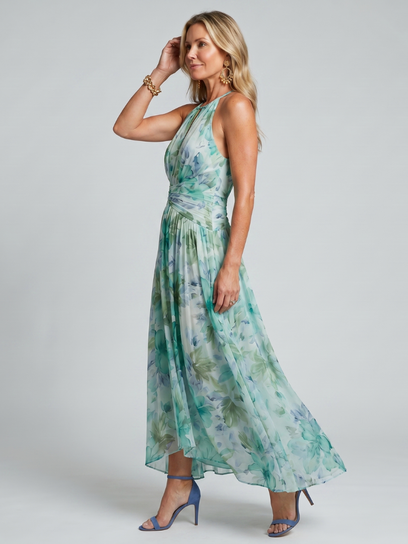 Auvelle | Robe Midi à Bretelles Plissée avec Motif Floral Doux