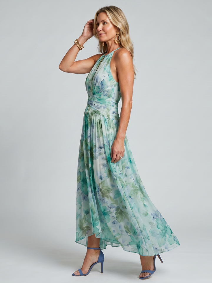 Auvelle | Robe Midi à Bretelles Plissée avec Motif Floral Doux