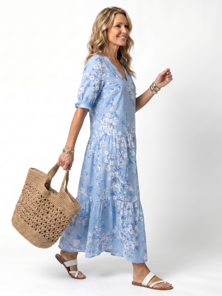 Alora | Robe Midi à Imprimé Floral avec Liens à Franges