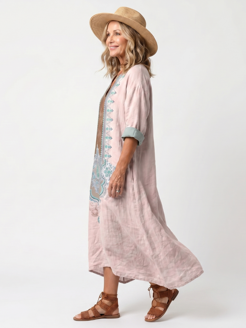 Kenza | Robe midi décontractée à panneaux brodés avec poches