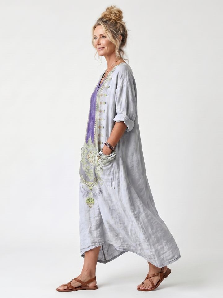 Raina | Robe midi surdimensionnée à panneaux contrastés et broderies