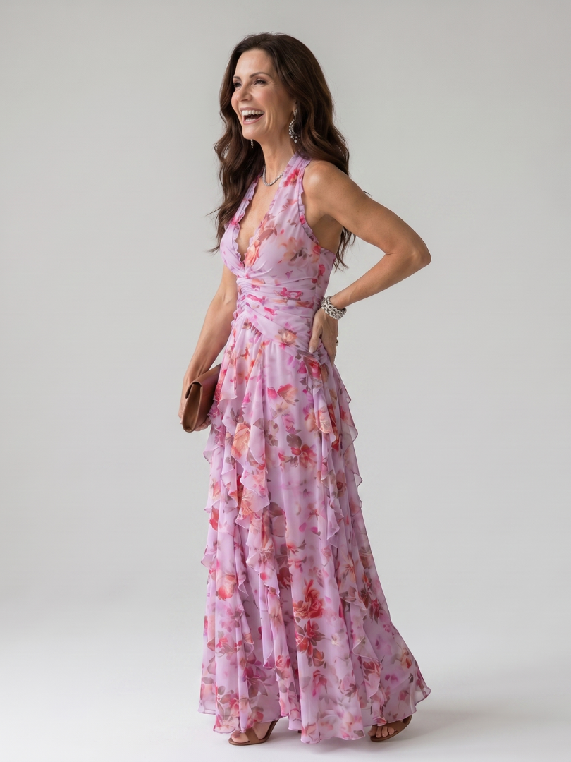 Auvelle | Robe Maxi Fleurie à Encolure Halter et Corps Froncé