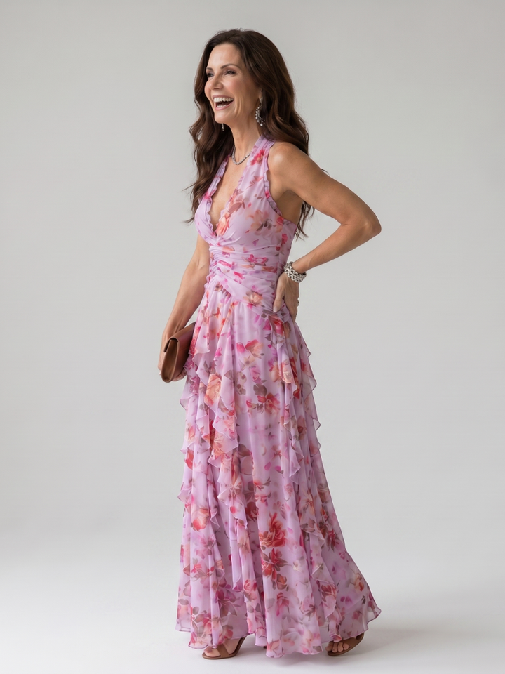 Auvelle | Robe Maxi Fleurie à Encolure Halter et Corps Froncé
