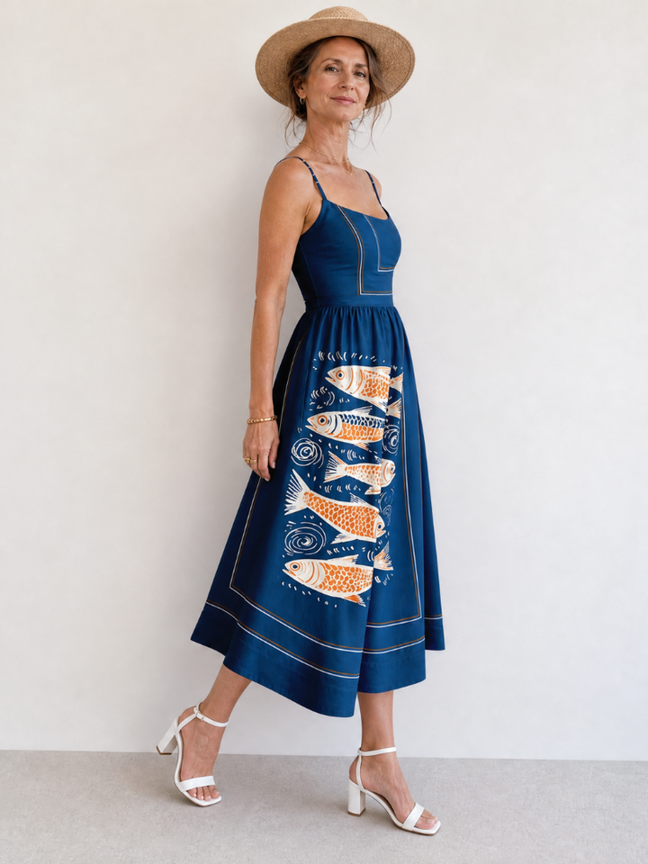 Auvelle | Robe Midi Sans Manches Imprimée Poissons
