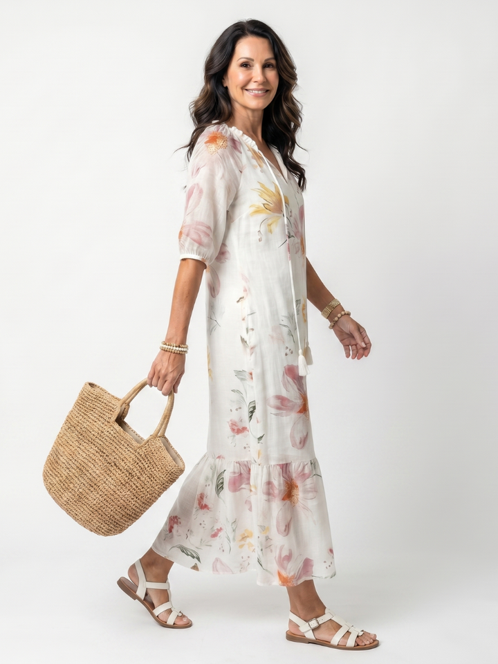 Noa | Robe Midi à Volants en Fleurs Douces