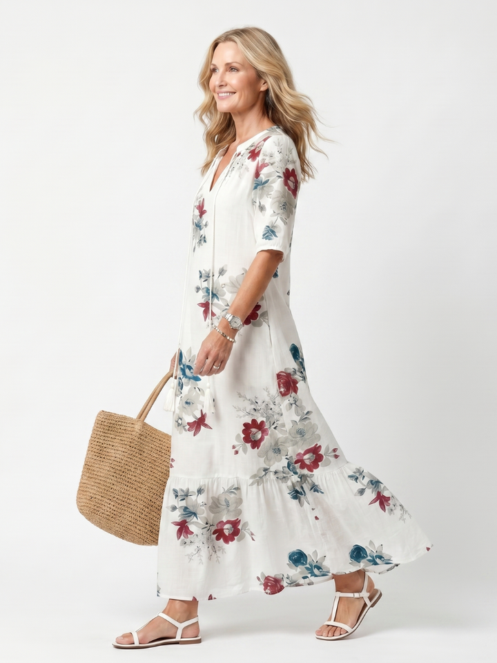 Maeva | Robe Midi à Fleurs Éparpillées avec Liens à Franges