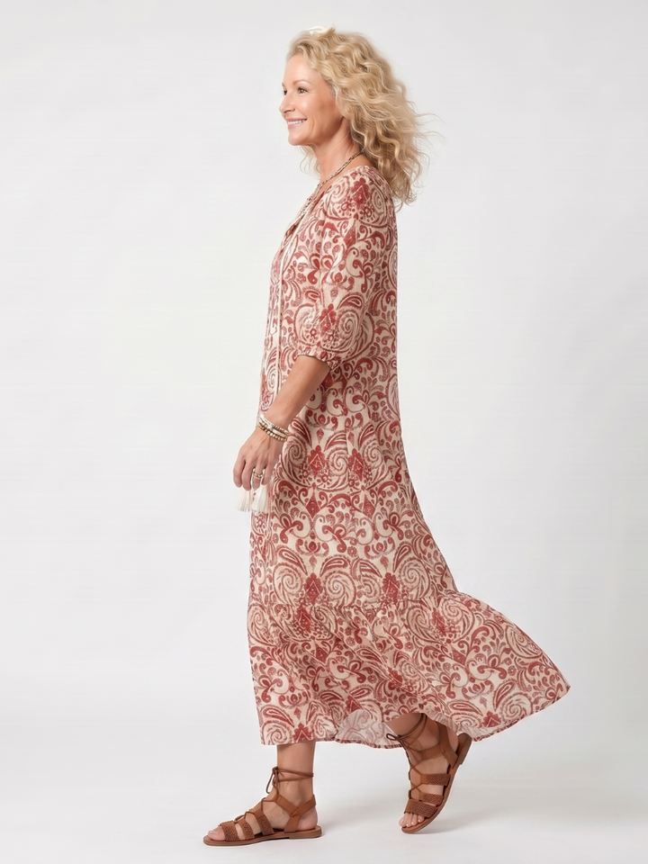 Noelle | Robe midi à imprimé orné avec liens à franges