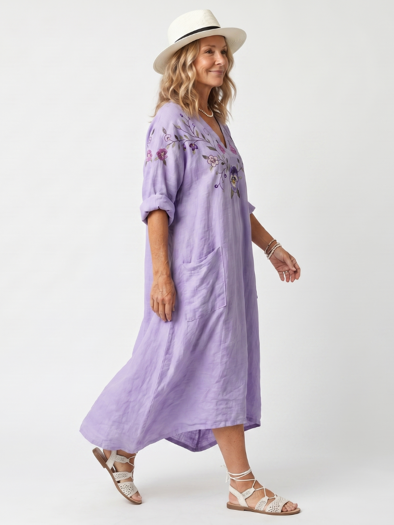 Tavi | Robe Midi Oversize à Poches Brodée de Fleurs