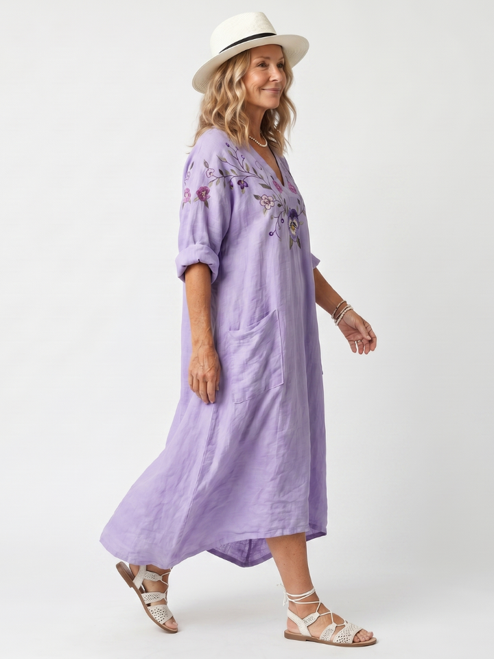 Tavi | Robe Midi Oversize à Poches Brodée de Fleurs