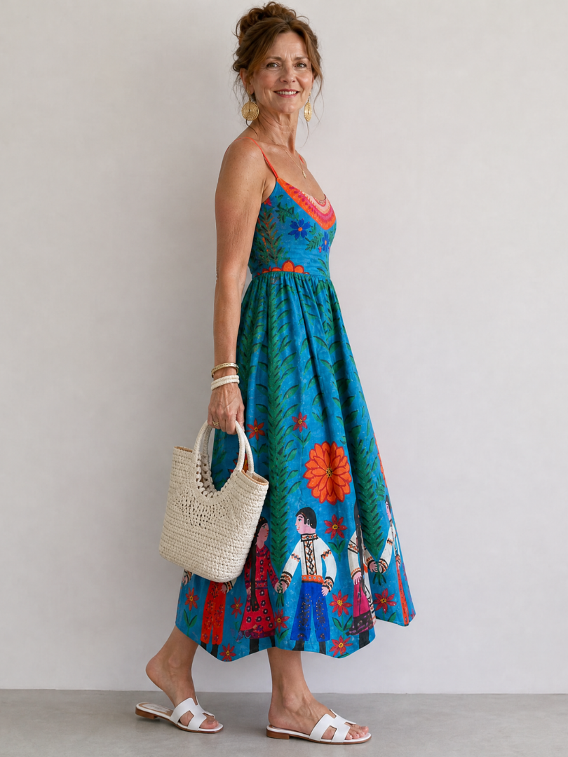 Auvelle | Robe Midi Sans Manches Imprimé Folk