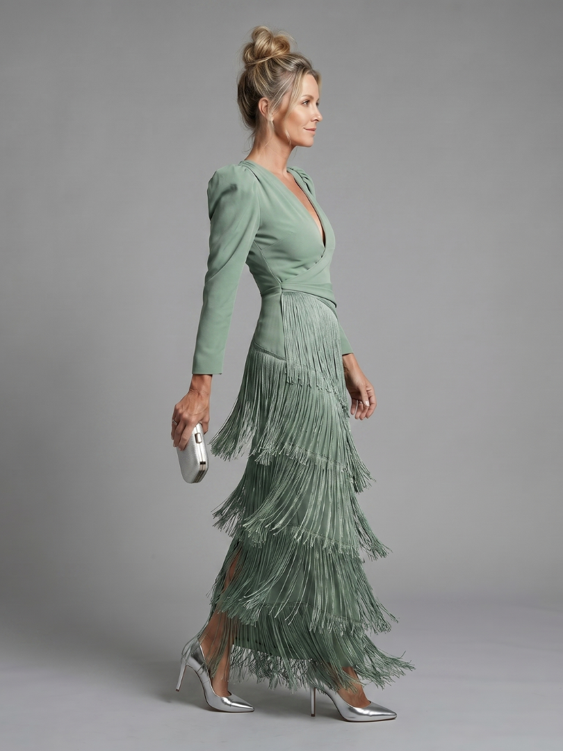 Auvelle | Robe Midi à Manches Longues avec Franges Douces