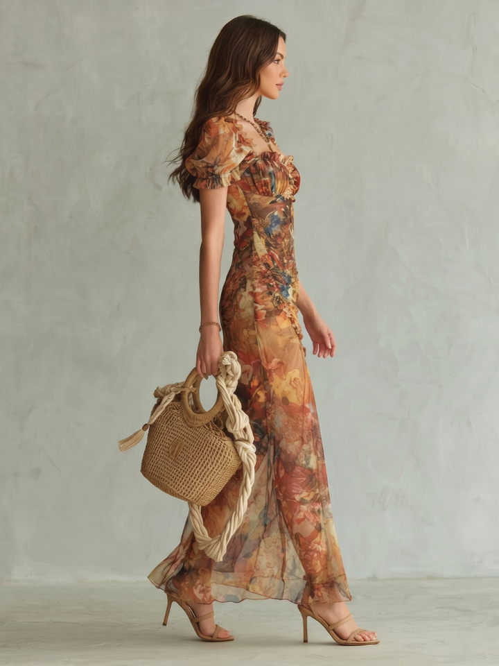 Auvelle | Robe Midi Froncée à Manches Volantes