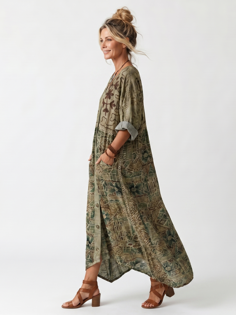 Aleta | Robe Midi Oversized à Poches Brodées et Boutons
