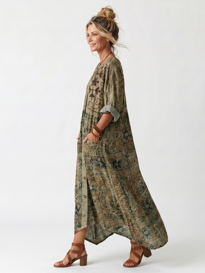 Aleta | Robe Midi Oversized à Poches Brodées et Boutons