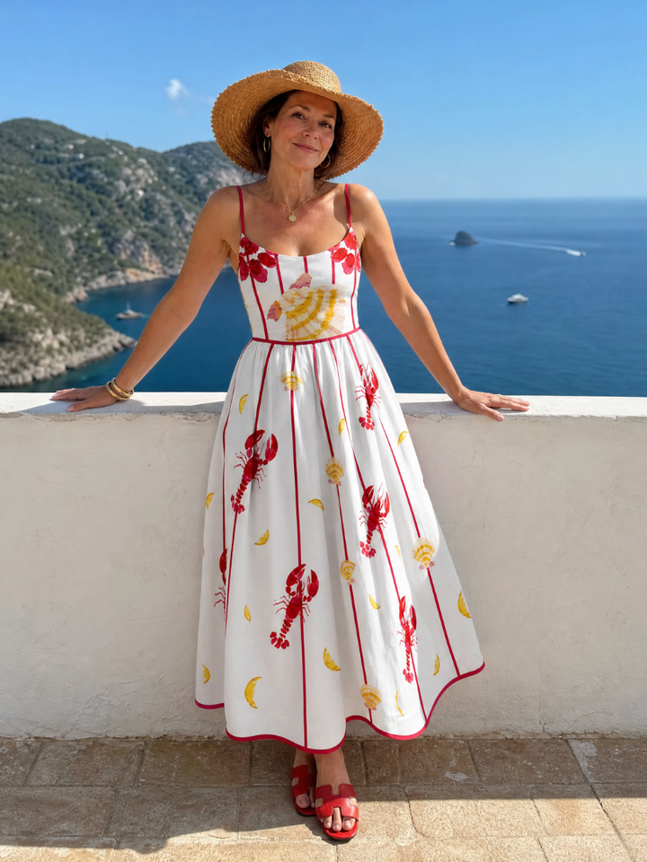 Auvelle | Robe Midi Imprimée Homard et Coquillage