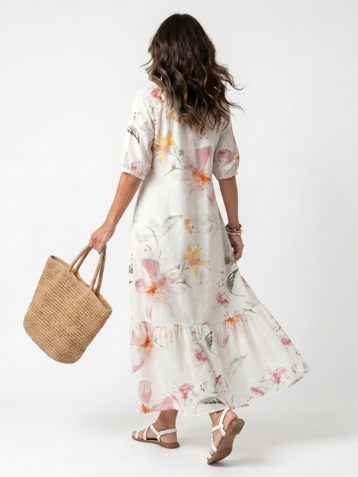 Noa | Robe Midi à Volants en Fleurs Douces
