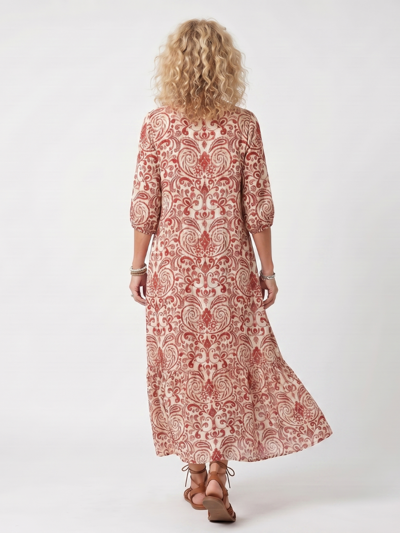 Noelle | Robe midi à imprimé orné avec liens à franges