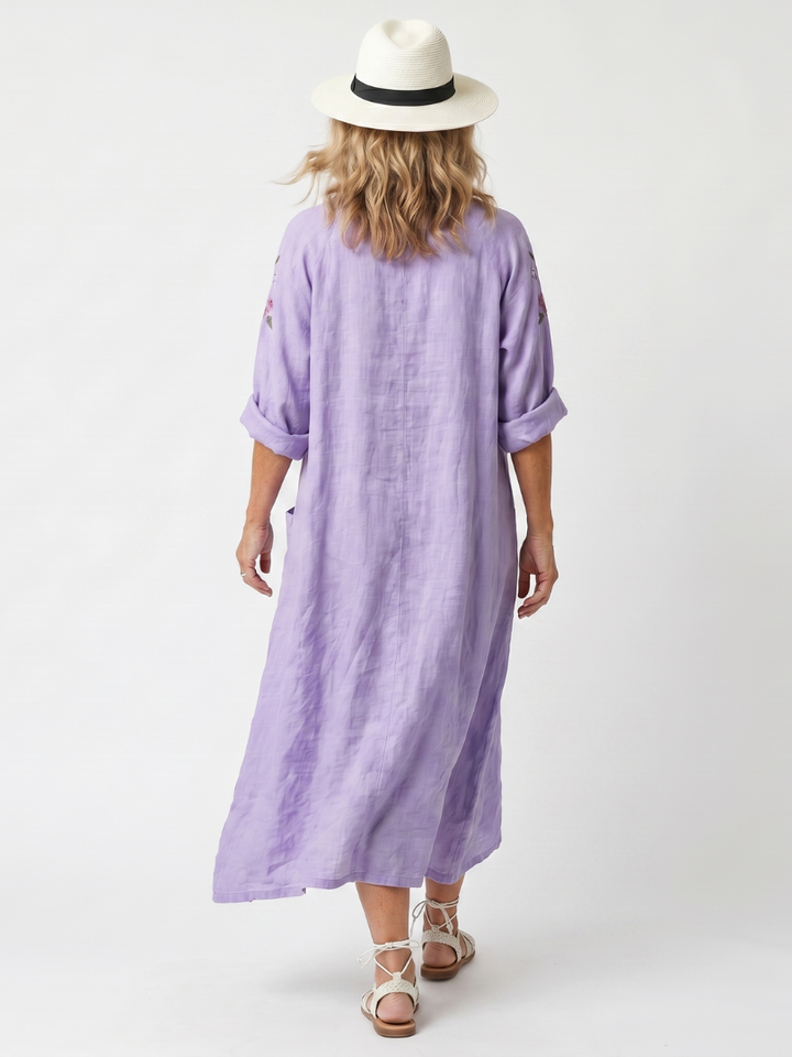Tavi | Robe Midi Oversize à Poches Brodée de Fleurs