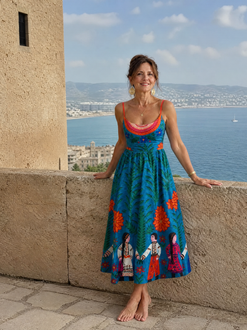 Auvelle | Robe Midi Sans Manches Imprimé Folk