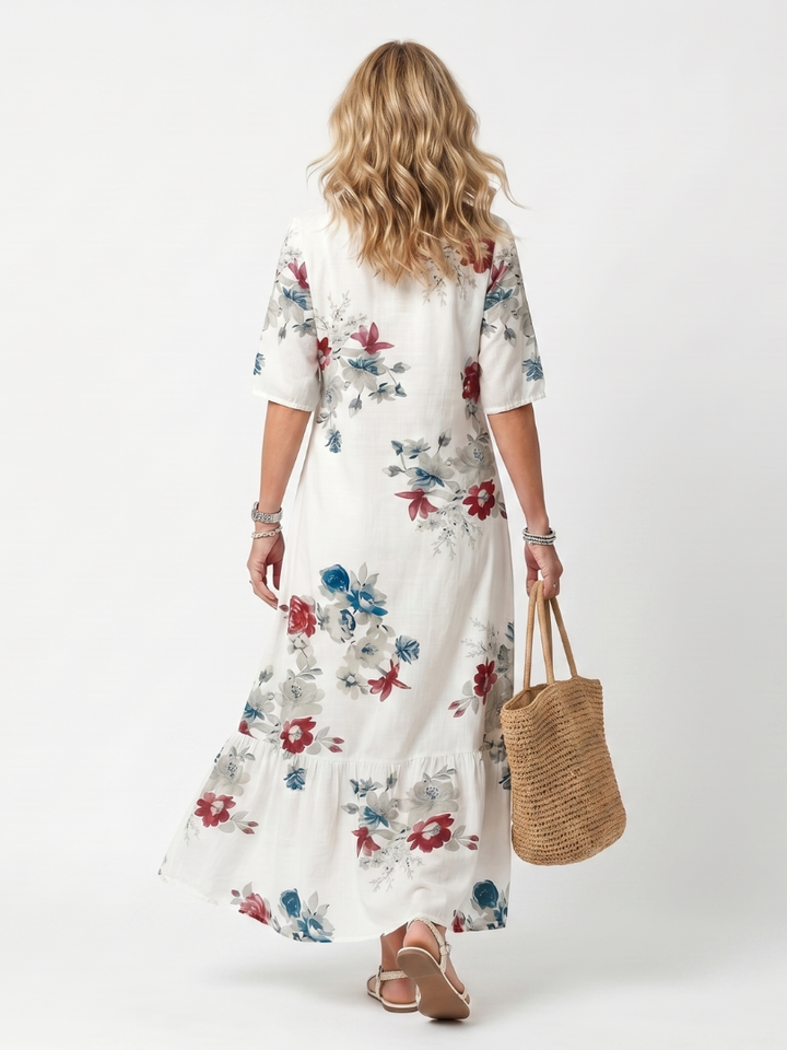 Maeva | Robe Midi à Fleurs Éparpillées avec Liens à Franges