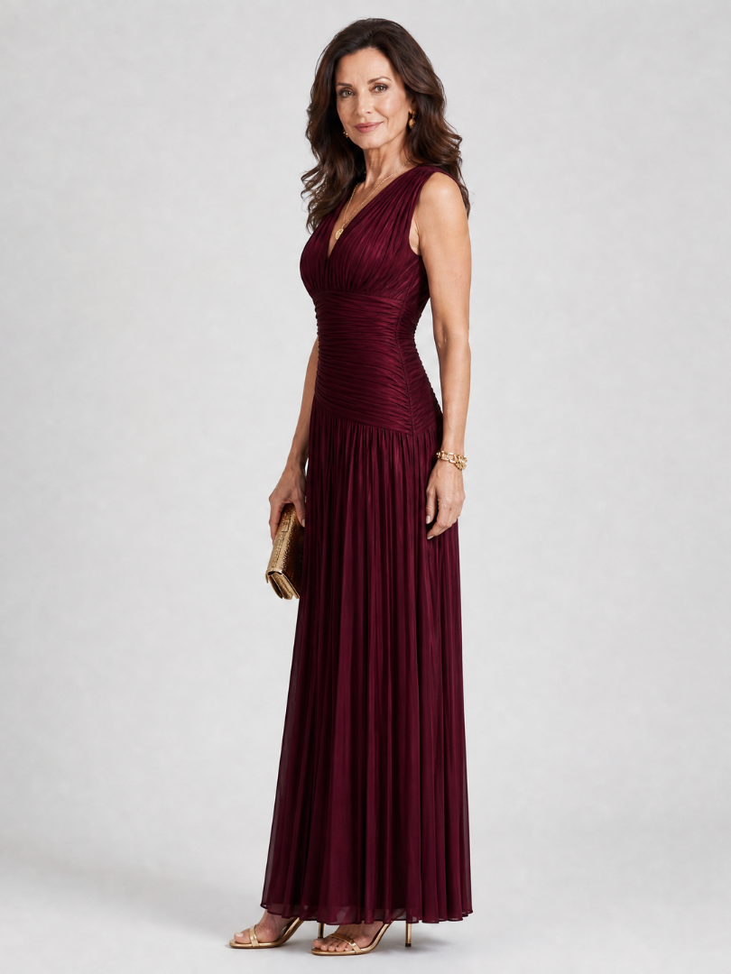 Auvelle | Robe Midi Sans Manches à Col V Plissé