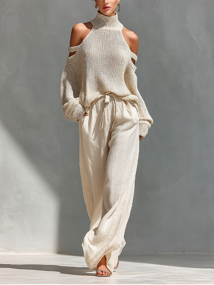 MARIA | Ensemble Top Col Roulé à Épaules Dénudées en Tissu Tricoté