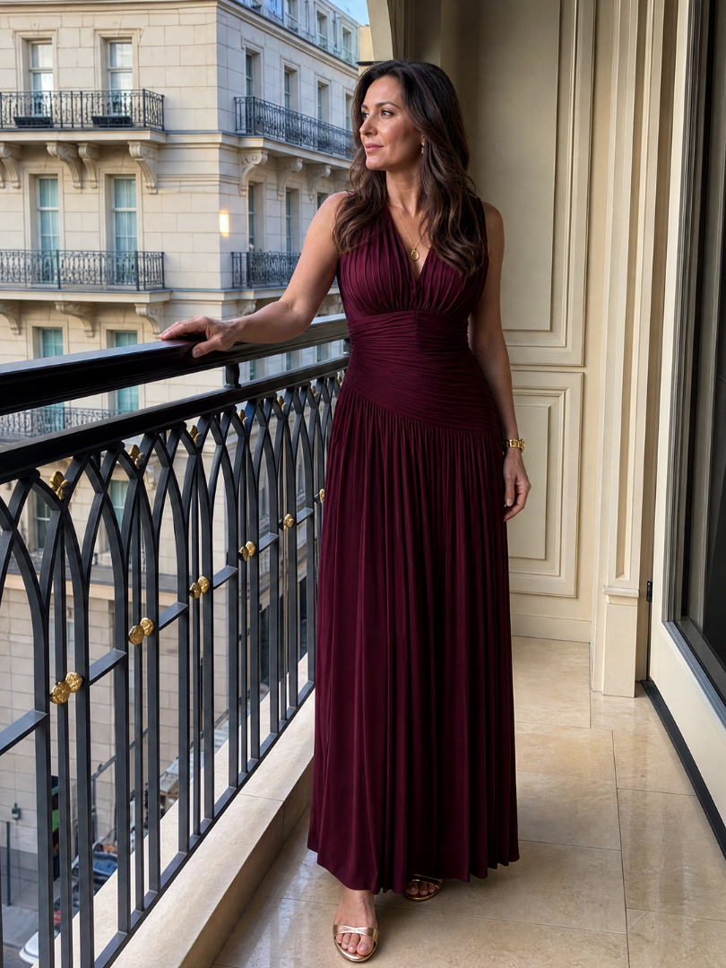 Auvelle | Robe Midi Sans Manches à Col V Plissé