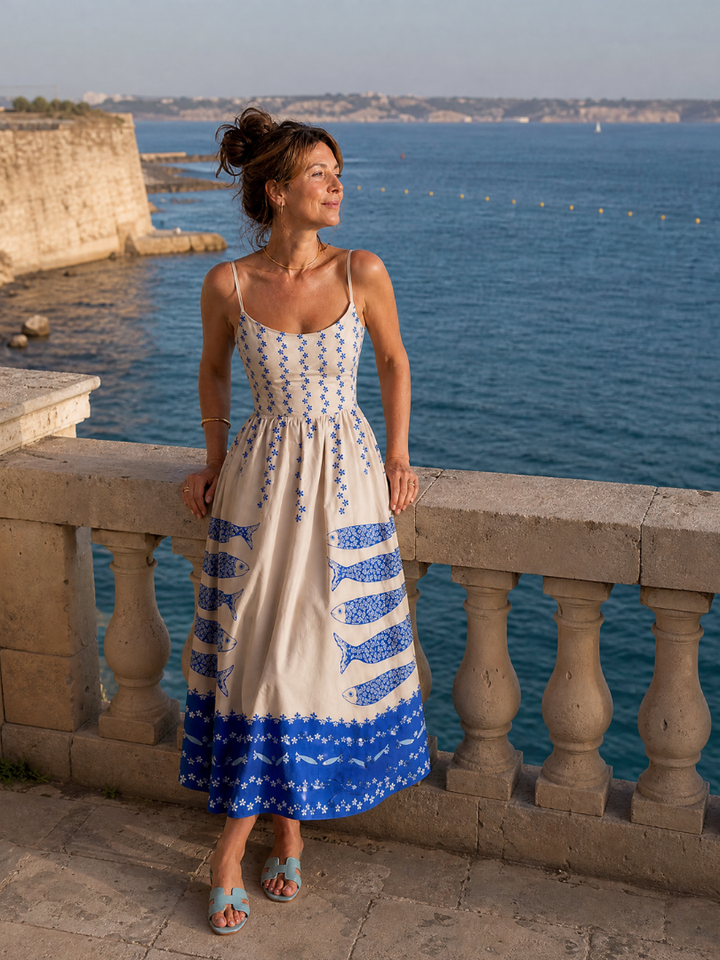 Auvelle | Robe Midi Sans Manches Imprimée Poissons