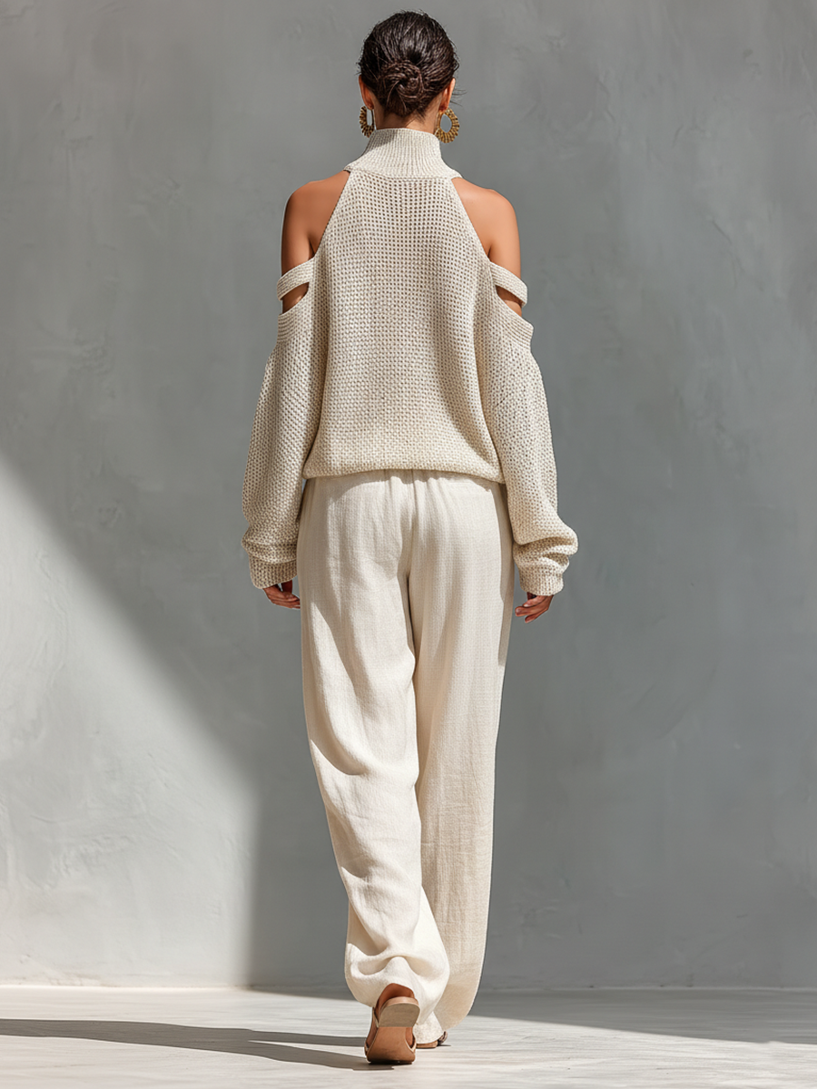 MARIA | Ensemble Top Col Roulé à Épaules Dénudées en Tissu Tricoté