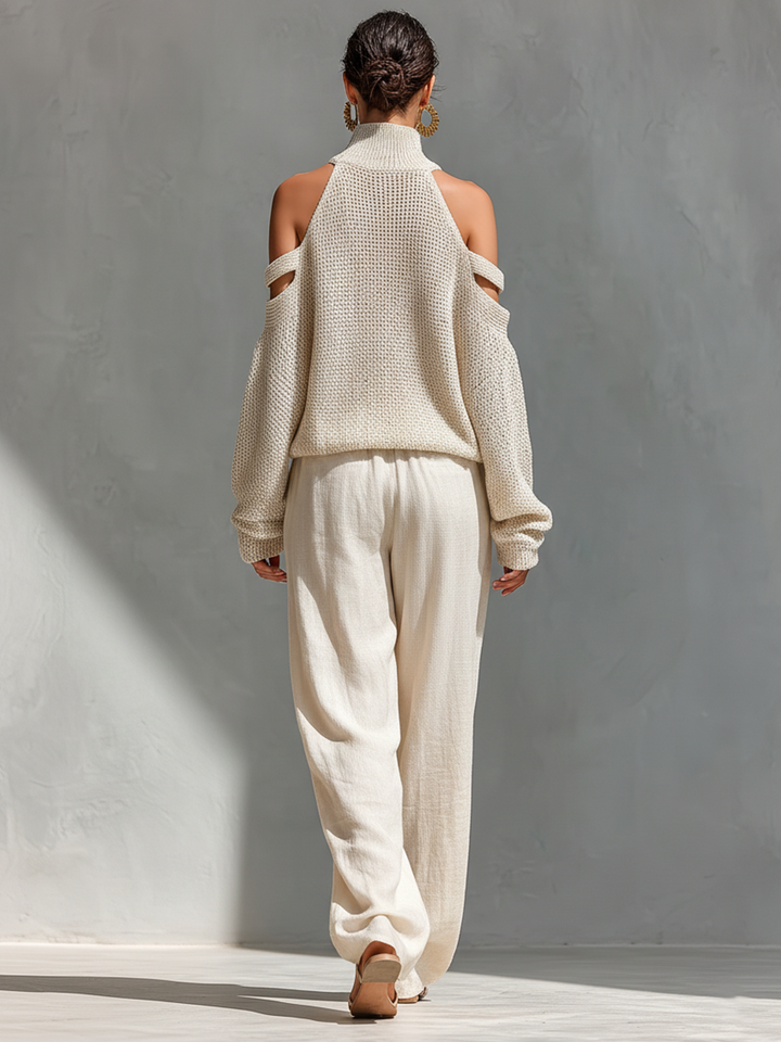 MARIA | Ensemble Top Col Roulé à Épaules Dénudées en Tissu Tricoté