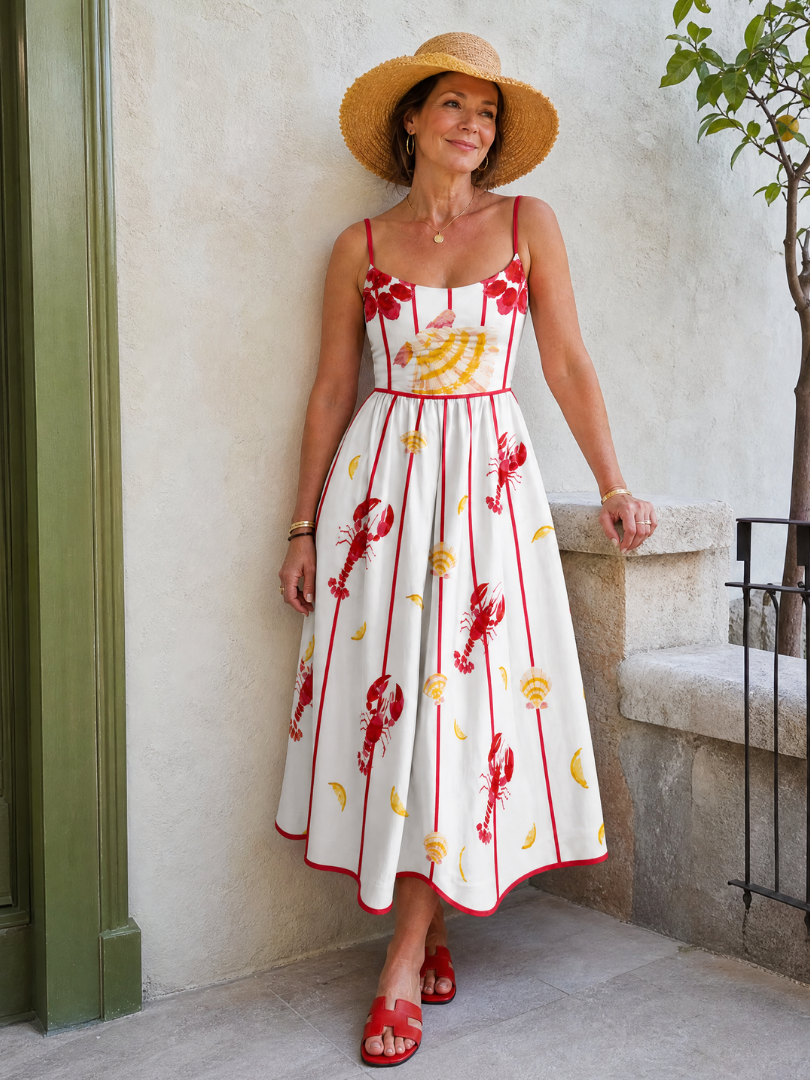 Auvelle | Robe Midi Imprimée Homard et Coquillage