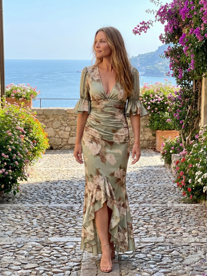 Auvelle | Robe Midi à Manches Courtes en V avec Taille Froncée