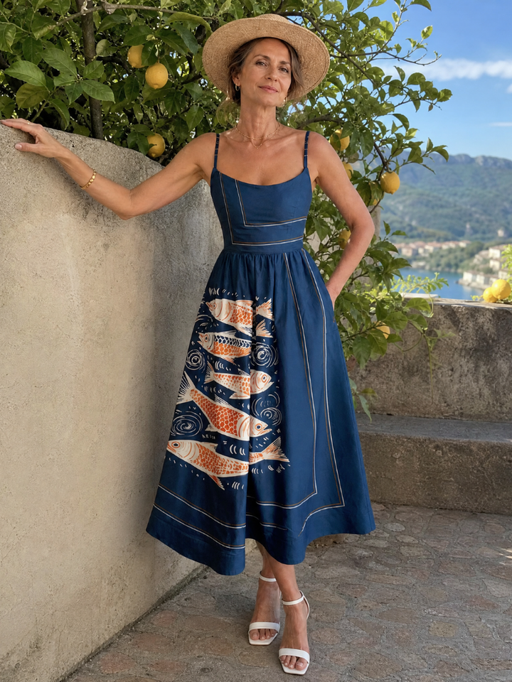 Auvelle | Robe Midi Sans Manches Imprimée Poissons