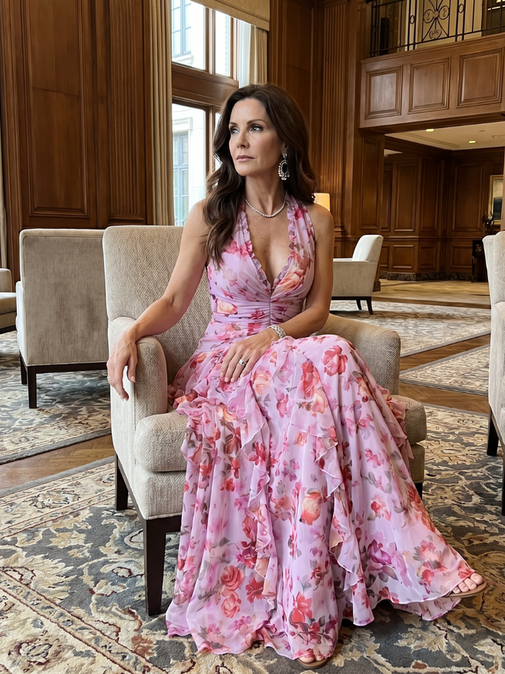 Auvelle | Robe Maxi Fleurie à Encolure Halter et Corps Froncé