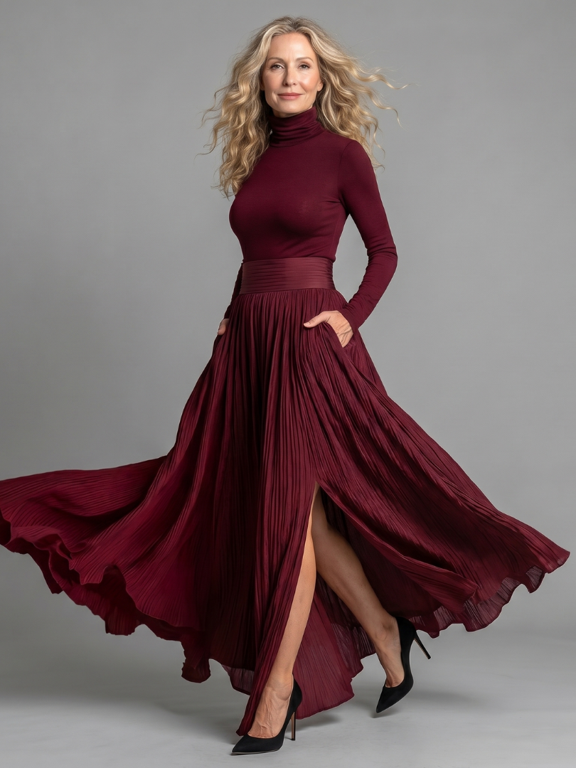 Auvelle | Robe Midi à Col Roulé à Manches Longues et Taille Définie