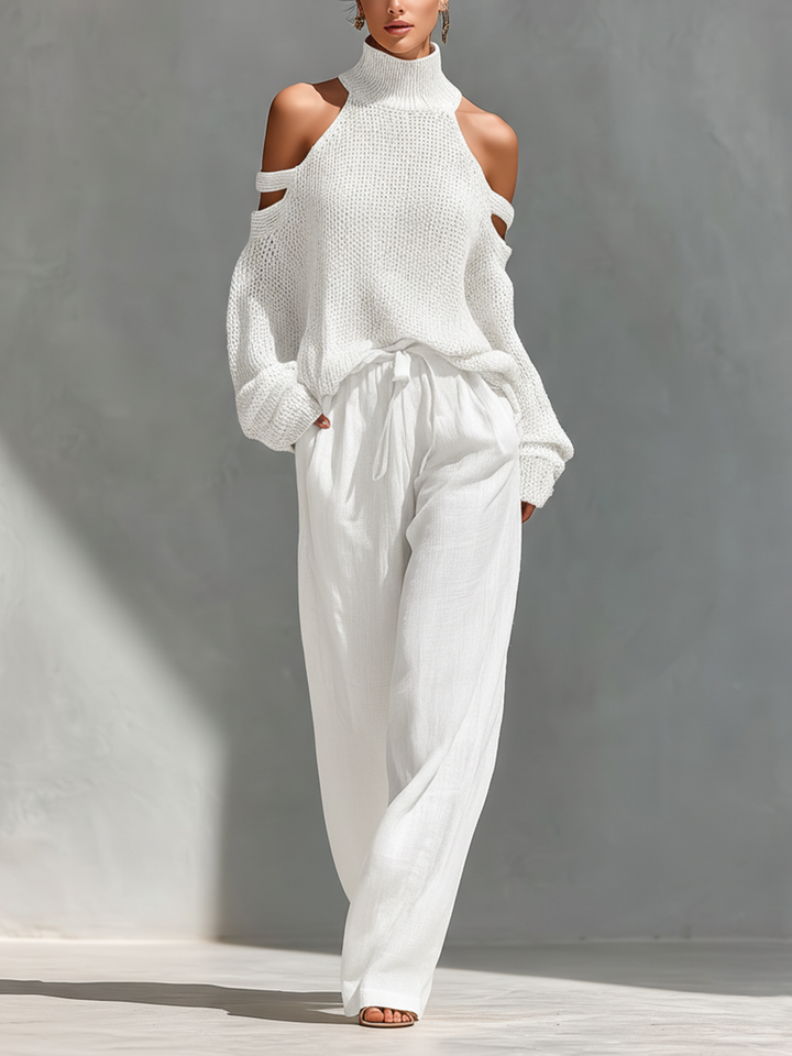 MARIA | Ensemble Top Col Roulé à Épaules Dénudées en Tissu Tricoté