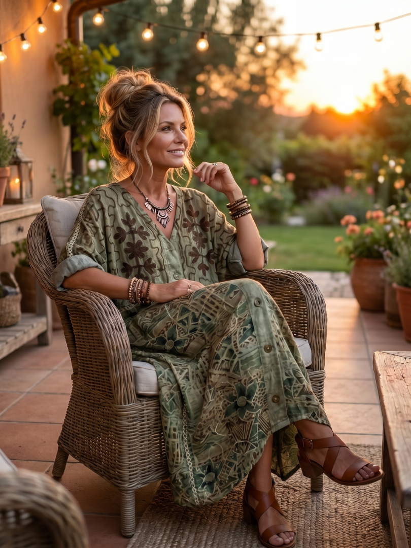 Aleta | Robe Midi Oversized à Poches Brodées et Boutons
